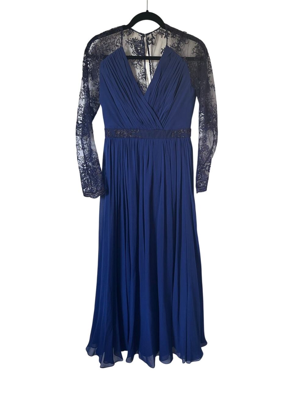 NWT Badgley Mischka Navy Blue Long Sleeve Formal Dress Gown Size 4 Sheer